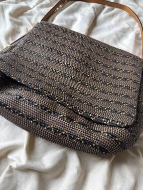Eric Javits Squishee Tan Black Brown woven Raffia Shoulder Bag M/L